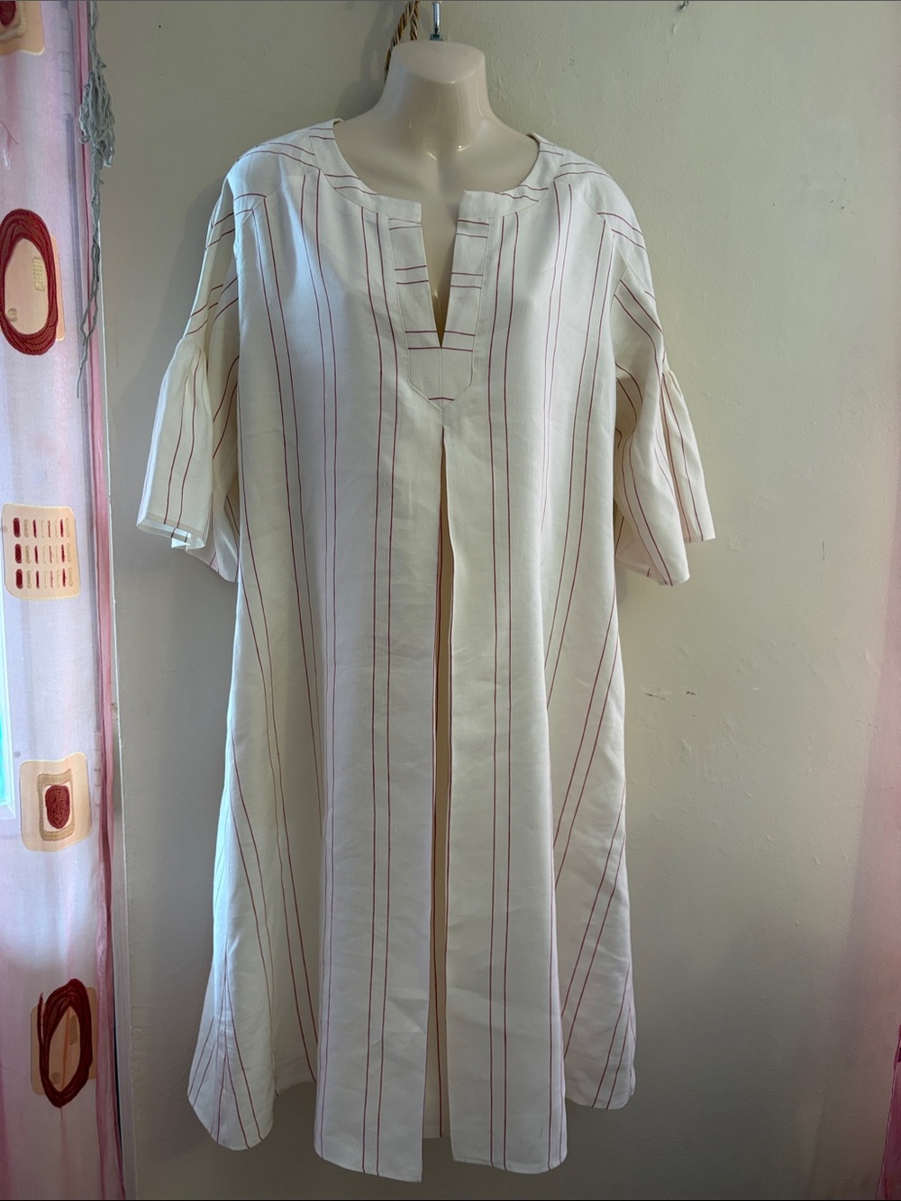 Piazza Sempione White Midi Dress with Pink Pinstripes. Linen. Silk